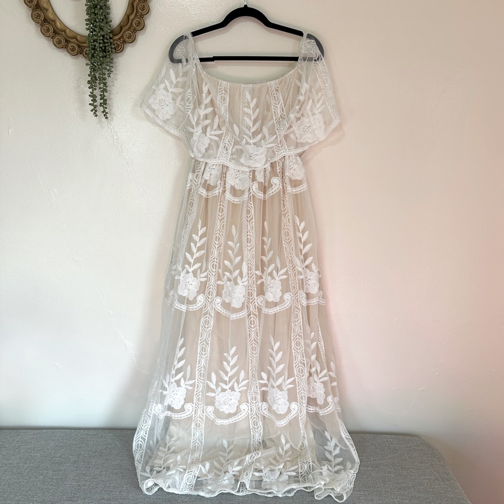 Baltic Born Ivory Lace Maxi Dress, Off-the-Shoulder, Size Large